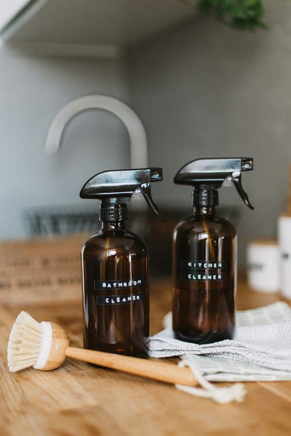 Labeled eco cleaning bottles on a counter